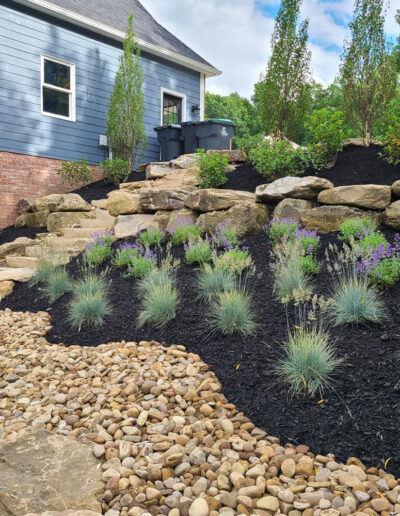 McGinn Landscaping - New Design Install with Mulch and Gravel, and Boulder Wall